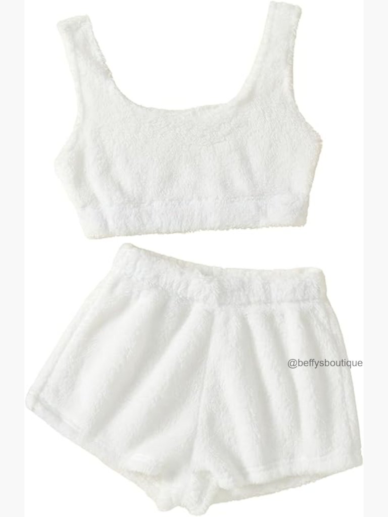 Soft Fuzzy Pajama Set Crop Tank Top Shorts Loungewear Size Small